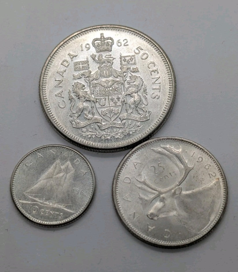 Set Of 3 Canada 1962 Silver Coins BU UNC Uncirculated 10c 25c & 50c Coins0