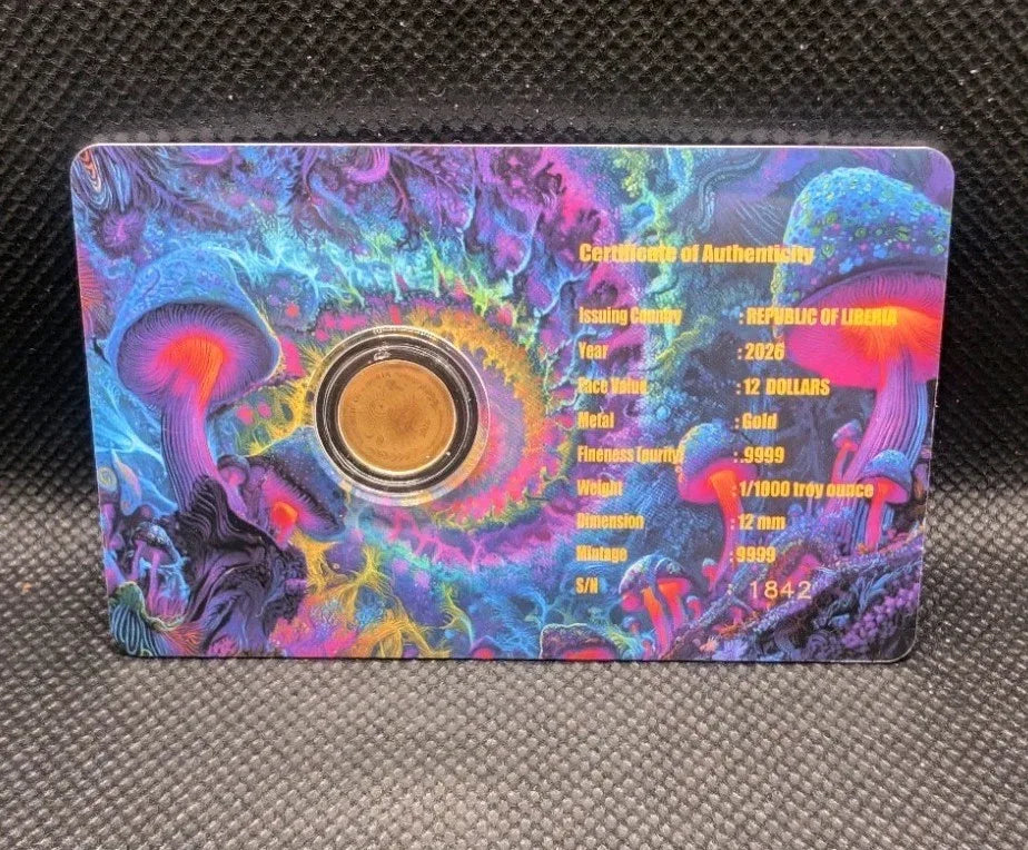 2026 Liberia Magic Mushroom 1/1000 oz .9999 Gold Coin in Card - NumisFind
