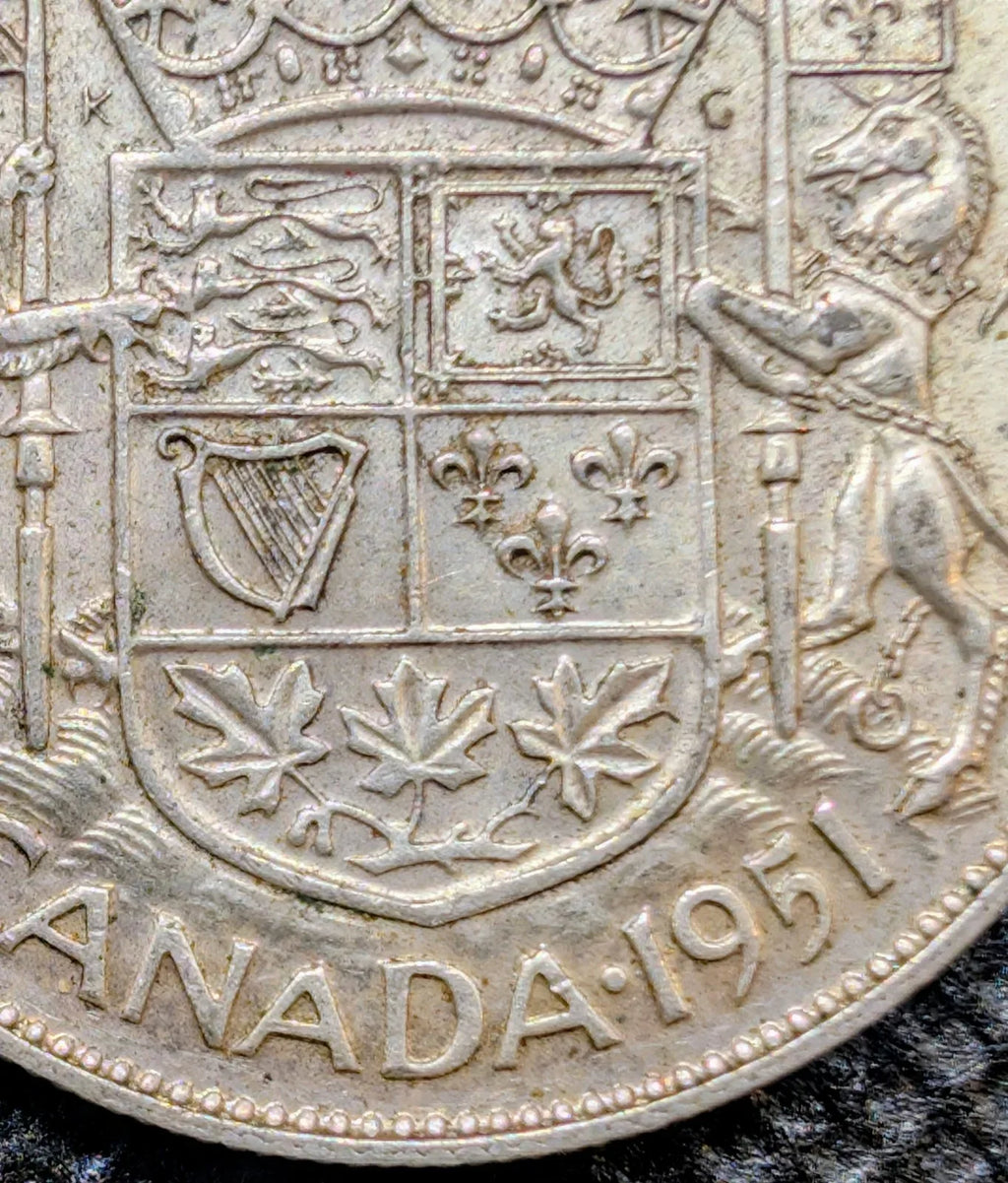 Mint Error! Die clash obverse - 1951 Canada SILVER Half Dollar Fifty Cents Coin - NumisFind