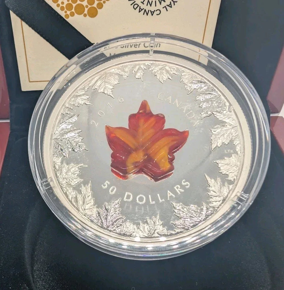 Send Offers! - 2016 Canada Autumn Radiance $50 99.99% silver 5 oz & Murano glass - NumisFind