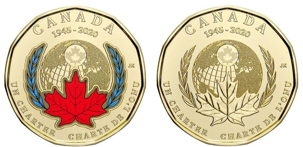 2020 Canada One Dollar 75th Anniversary of UN Charter Plain & Coloured Loonie0