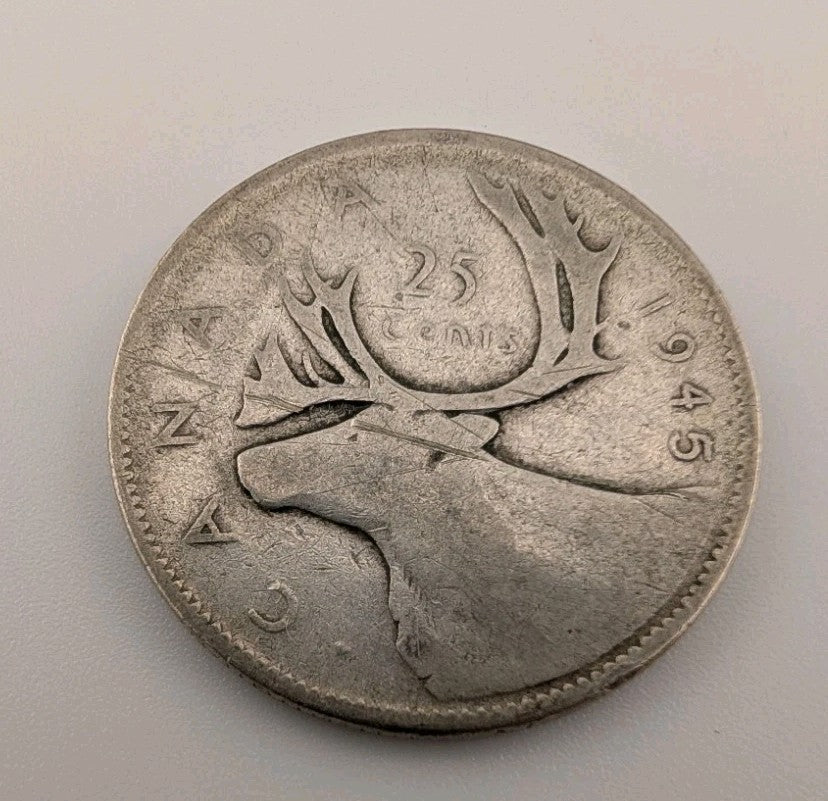 Canada 1945 25 Cents 25c Canadian Caribou Quarter Coin - 80% Silver - ASW .150oz0