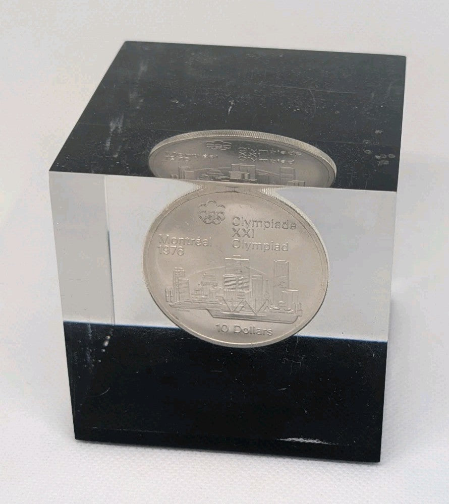 1973 Montreal Olympic Silver Coin In epoxy cube - The city - Desk weight0