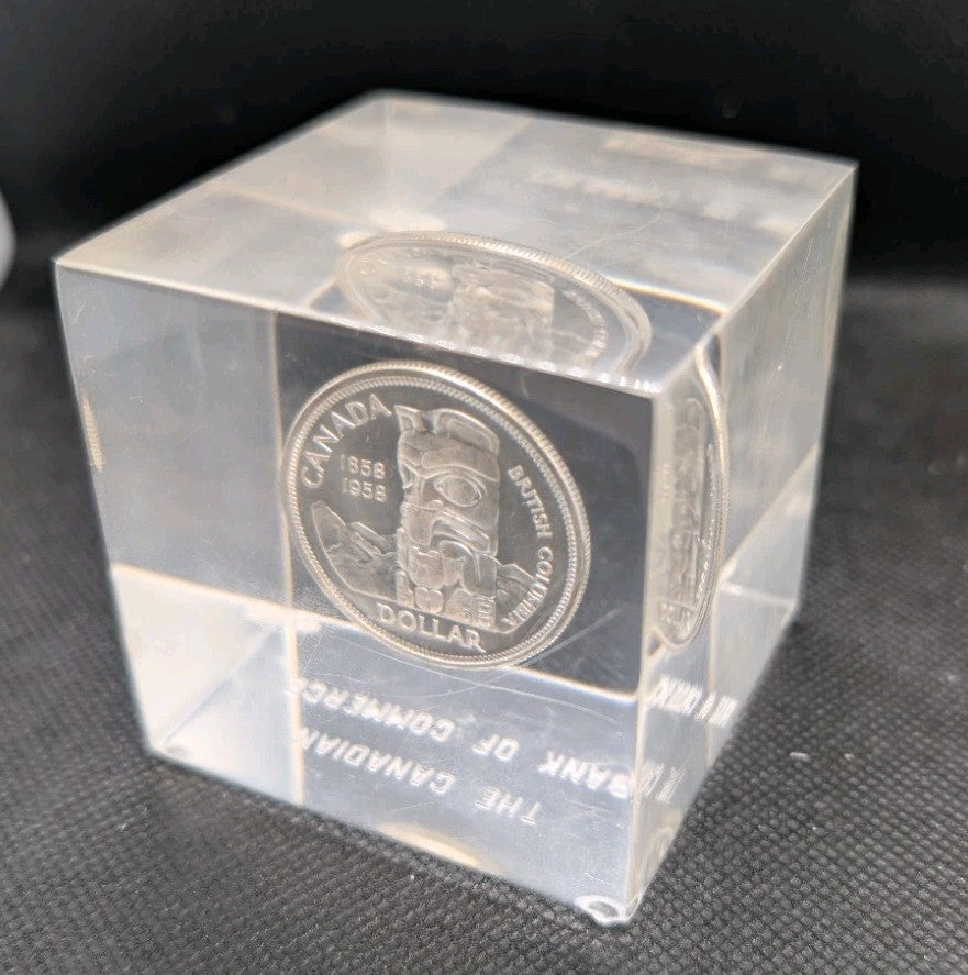 1958 Canada Silver Dollar In epoxy cube - Perfect Condition - Desk weight0