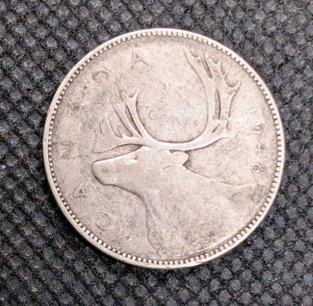 1948 Canada 25 Cents Quarter – 80% Silver – Semi-Key Date Coin0