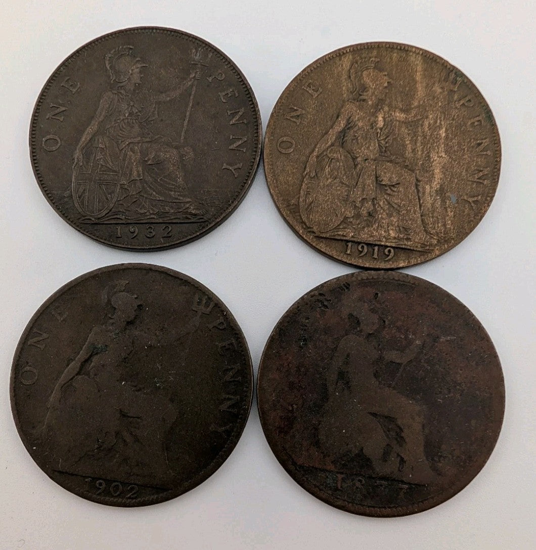 Lot Of 4 Different Old British 1 Penny Coins 1877-1932 Vintage World Foreign0