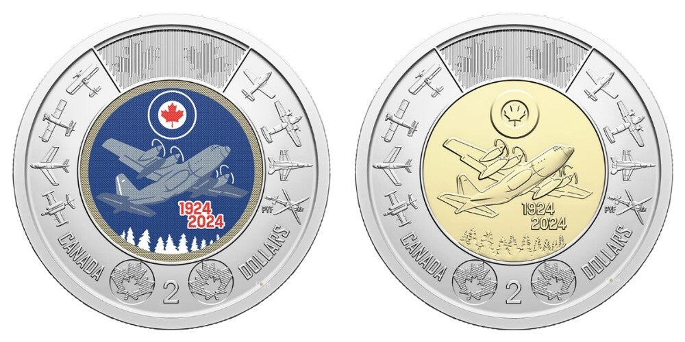 Canada 2024 Air Force 100th Coloured and non coloured BU Toonie from a Roll!!0