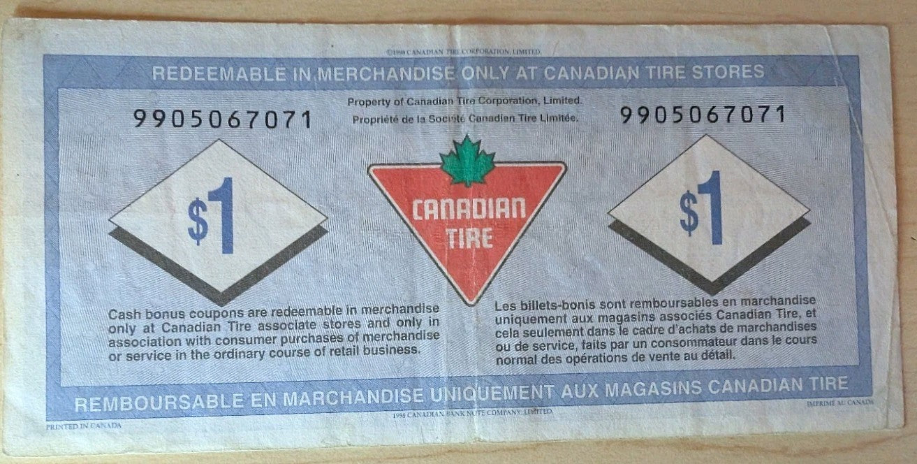 1998 Canadian Tire One 1 Dollar Coupon. NICE COUPON.1