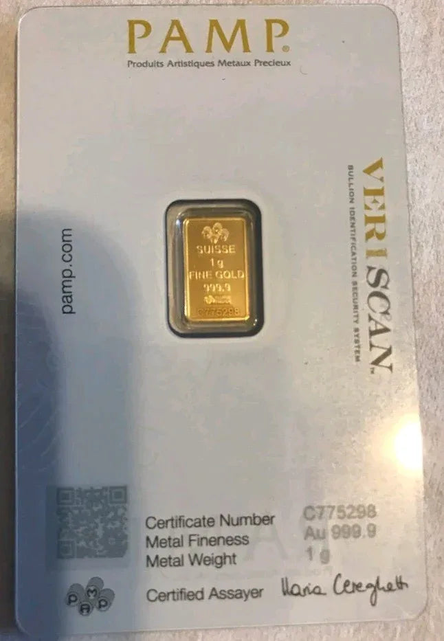 1g .999 fine Gold PAMP Bullion Bar. Solid pure 24k gold for investment/gift - NumisFind